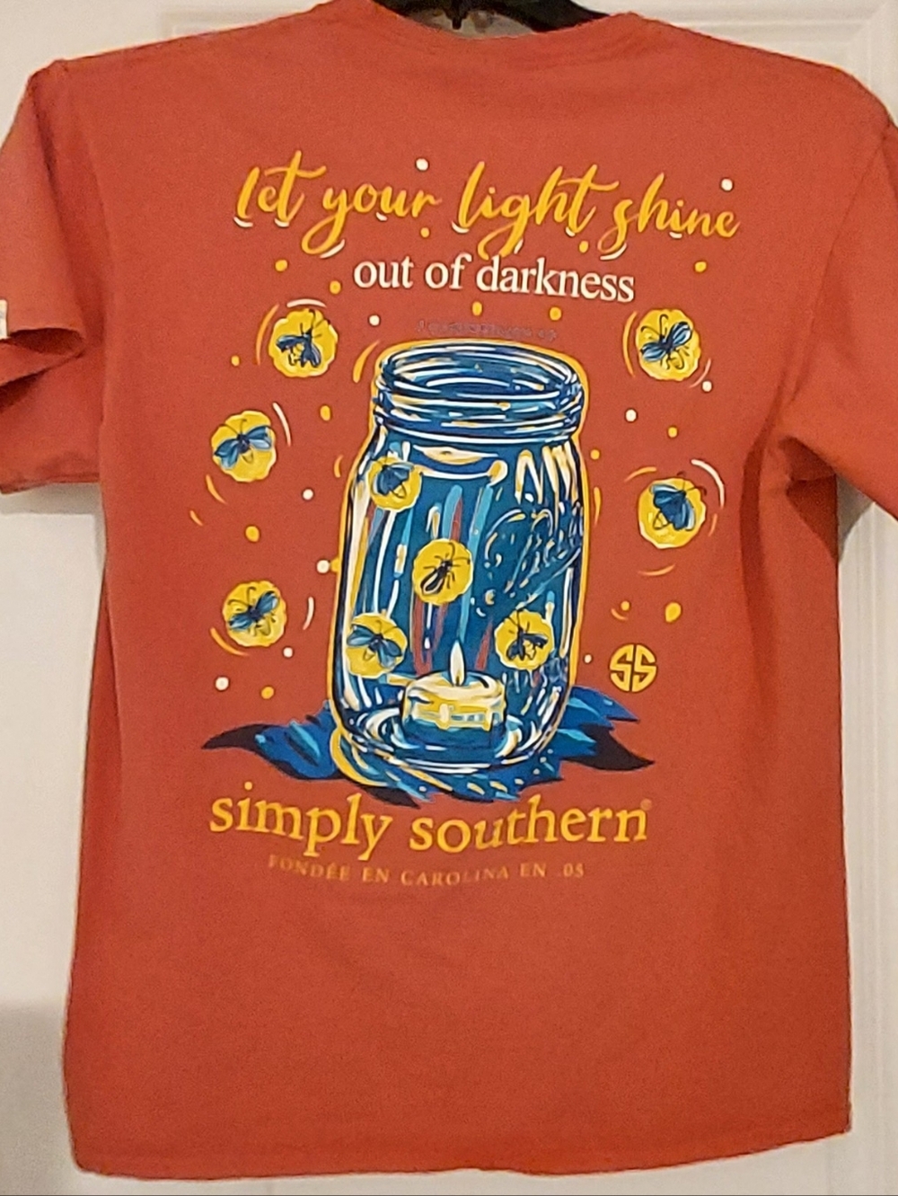 Simply Southern Let Your Light Shine Mason Jar Firefly T Shirt Coral Orange Med